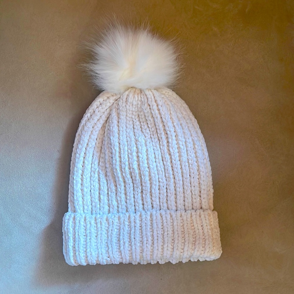 White knit beanie, faux fur puff, one size fits all